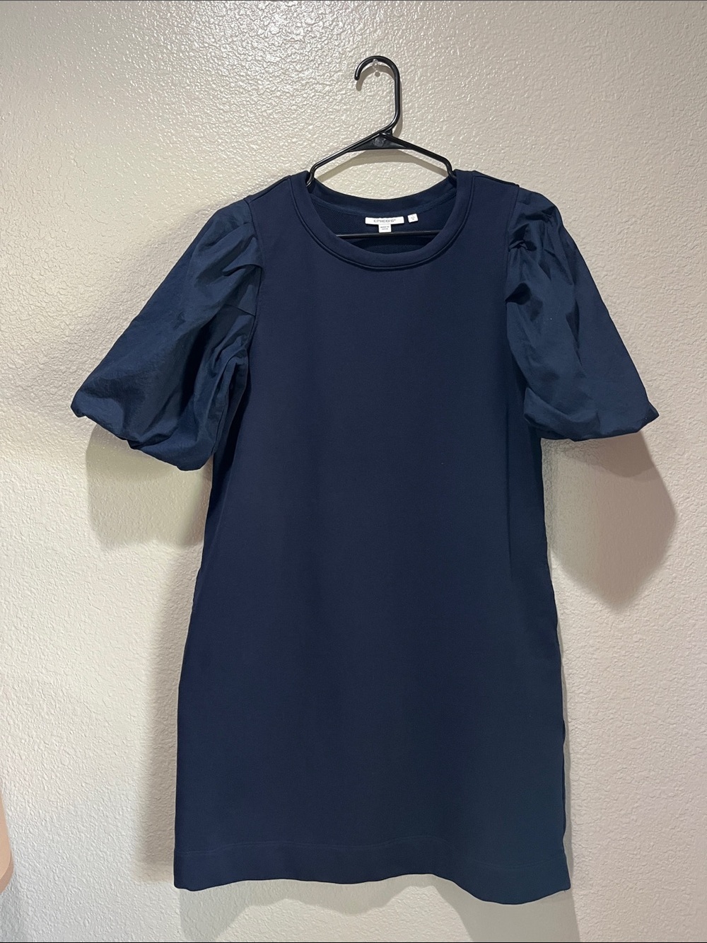 Chico's Navy Puff Sleeve Shift Dress Sz M Casual Bohemian Cottage Core TC0538